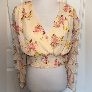 Boho Floral Smocked Crop Top Peasant Ruffle Sleeve Coquette Festival Women’s S-M